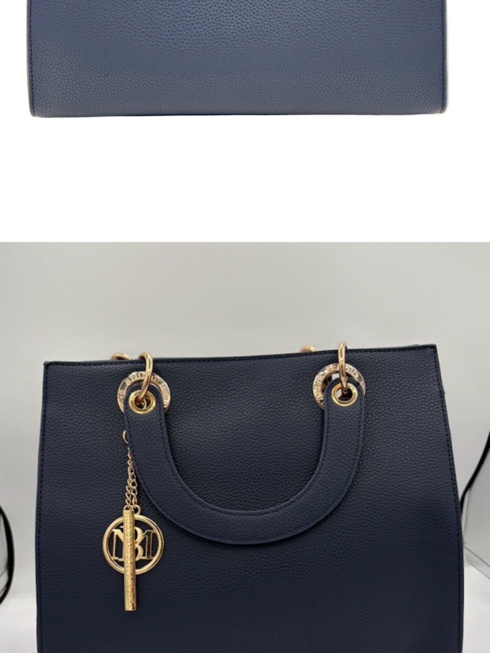 Badgley Mischka Navy Tote with Gold Charm Hardware